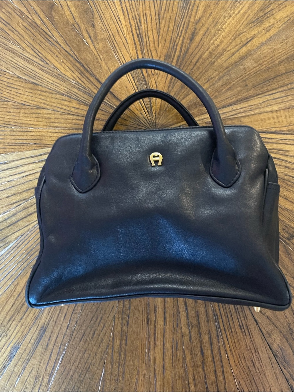 Etienne Aigner Black Leather Top-Handle Satchel with Gold Logo Accent